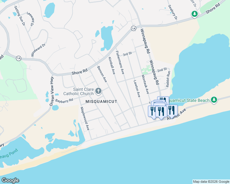 map of restaurants, bars, coffee shops, grocery stores, and more near 59 Benson Avenue in Westerly