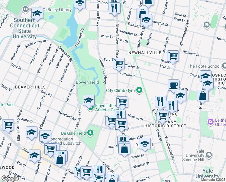 map of restaurants, bars, coffee shops, grocery stores, and more near 432 Dixwell Avenue in New Haven