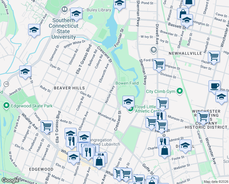map of restaurants, bars, coffee shops, grocery stores, and more near 507 Norton Parkway in New Haven