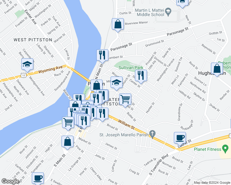 map of restaurants, bars, coffee shops, grocery stores, and more near 50-68 Carroll St in Pittston