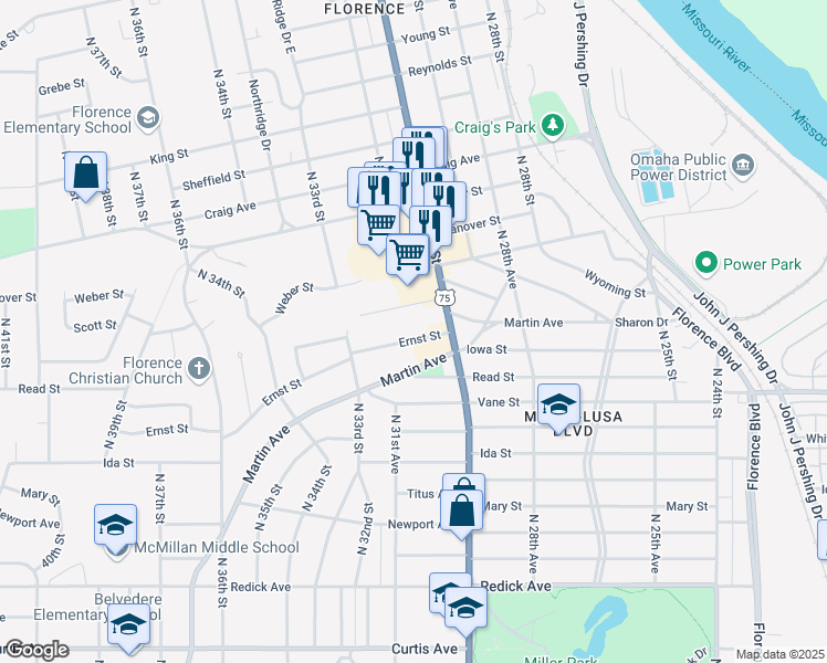 map of restaurants, bars, coffee shops, grocery stores, and more near 3020 Ernst Street in Omaha