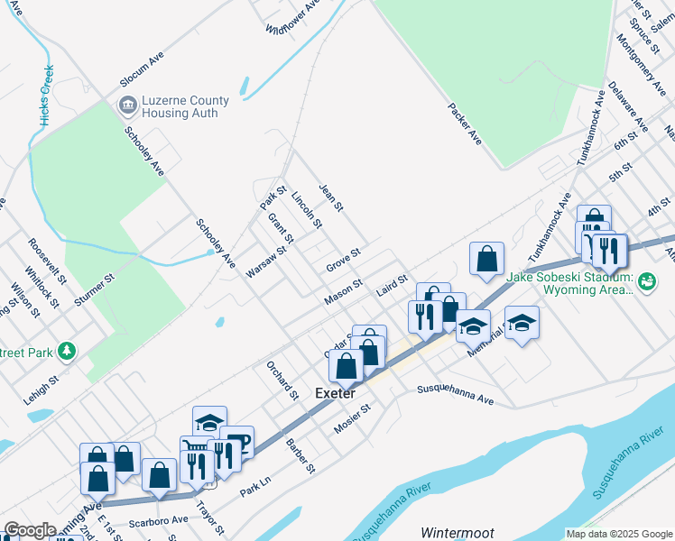 map of restaurants, bars, coffee shops, grocery stores, and more near 122 Grove Street in Exeter