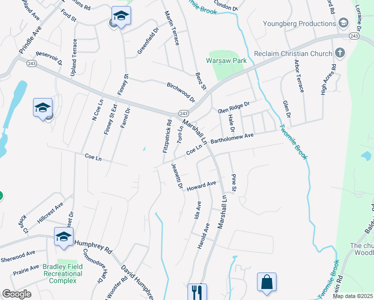 map of restaurants, bars, coffee shops, grocery stores, and more near 12 Coe Lane in Ansonia