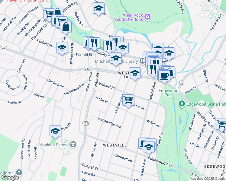 map of restaurants, bars, coffee shops, grocery stores, and more near 50 Barnett Street in New Haven