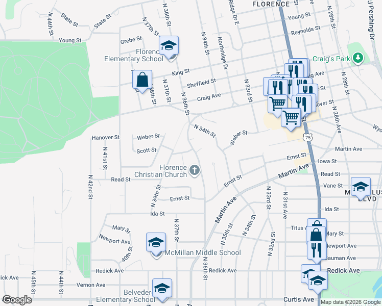 map of restaurants, bars, coffee shops, grocery stores, and more near 7348 Northridge Drive in Omaha