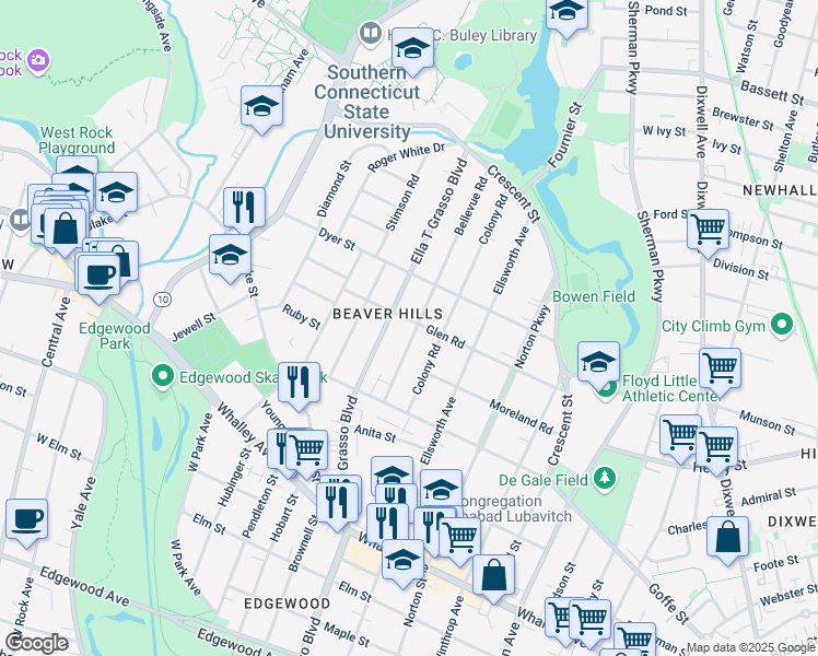 map of restaurants, bars, coffee shops, grocery stores, and more near 170 Bellevue Road in New Haven