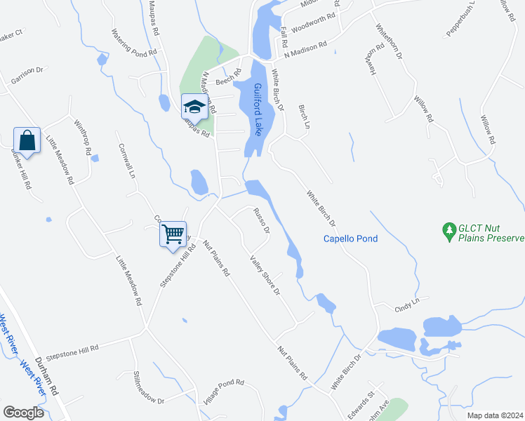 map of restaurants, bars, coffee shops, grocery stores, and more near 91 Russo Drive in Guilford