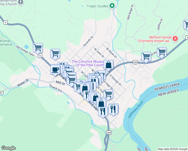 map of restaurants, bars, coffee shops, grocery stores, and more near 110 W High St in Milford