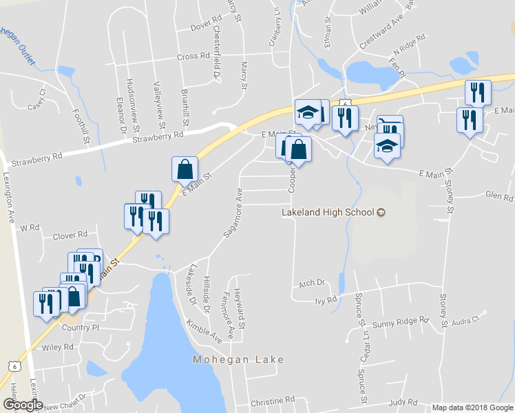 map of restaurants, bars, coffee shops, grocery stores, and more near 1451 Delaware Road in Mohegan Lake
