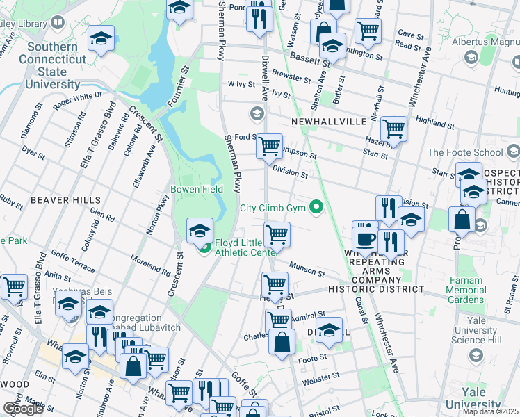 map of restaurants, bars, coffee shops, grocery stores, and more near 432 Dixwell Avenue in New Haven