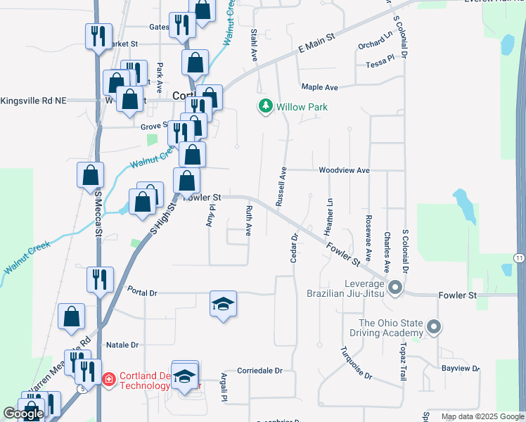 map of restaurants, bars, coffee shops, grocery stores, and more near 254 Fowler Street in Cortland
