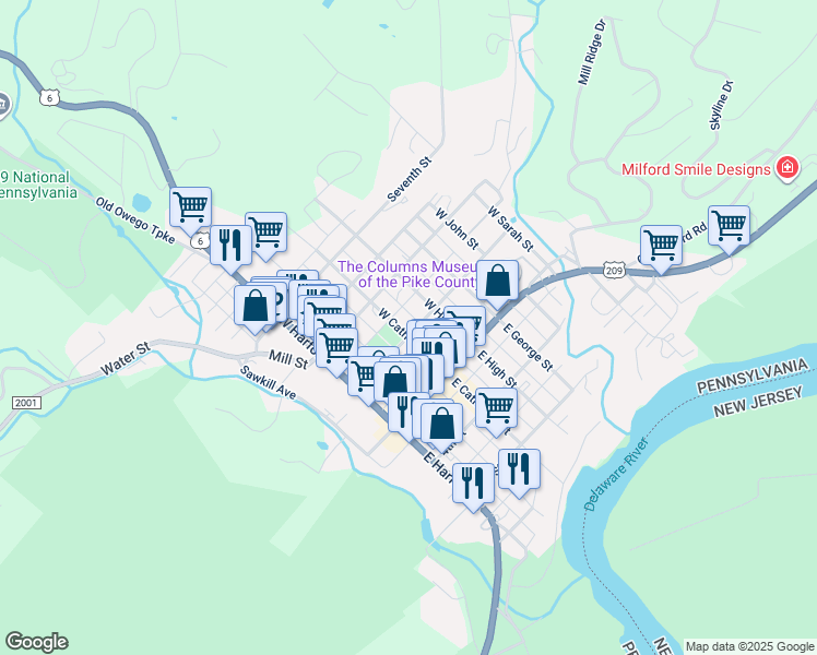map of restaurants, bars, coffee shops, grocery stores, and more near 201 West Catharine Street in Milford