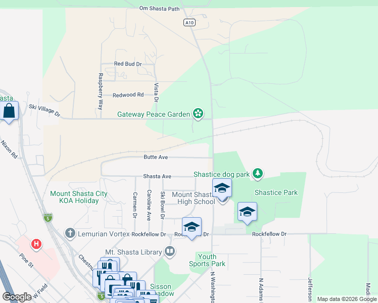 map of restaurants, bars, coffee shops, grocery stores, and more near 741 Butte Avenue in Mount Shasta