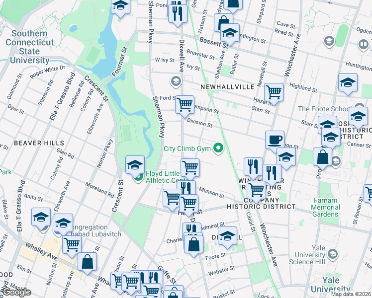 map of restaurants, bars, coffee shops, grocery stores, and more near 433 Dixwell Avenue in New Haven