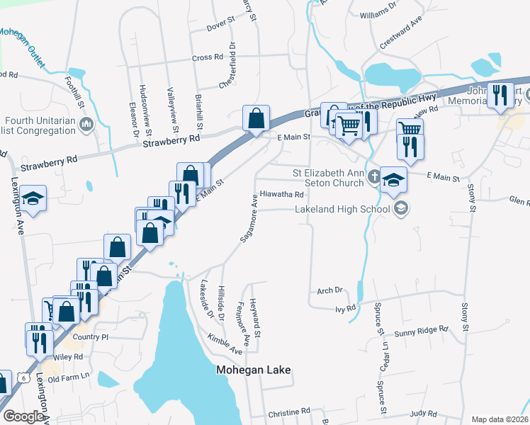 map of restaurants, bars, coffee shops, grocery stores, and more near 1451 Delaware Road in Mohegan Lake