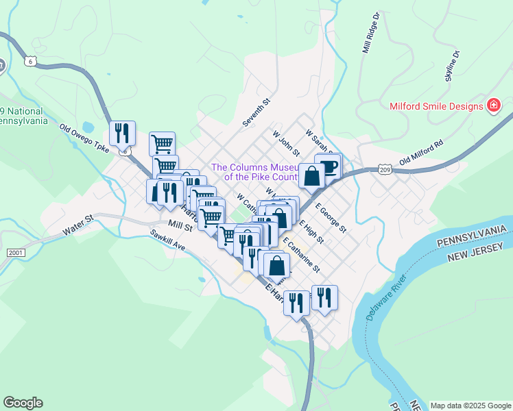 map of restaurants, bars, coffee shops, grocery stores, and more near 201 West Catharine Street in Milford