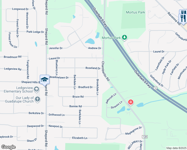 map of restaurants, bars, coffee shops, grocery stores, and more near 1547 Meadowlawn Drive in Macedonia