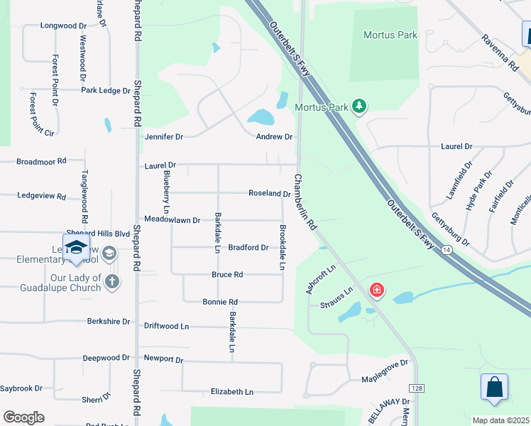 map of restaurants, bars, coffee shops, grocery stores, and more near 1547 Meadowlawn Drive in Macedonia