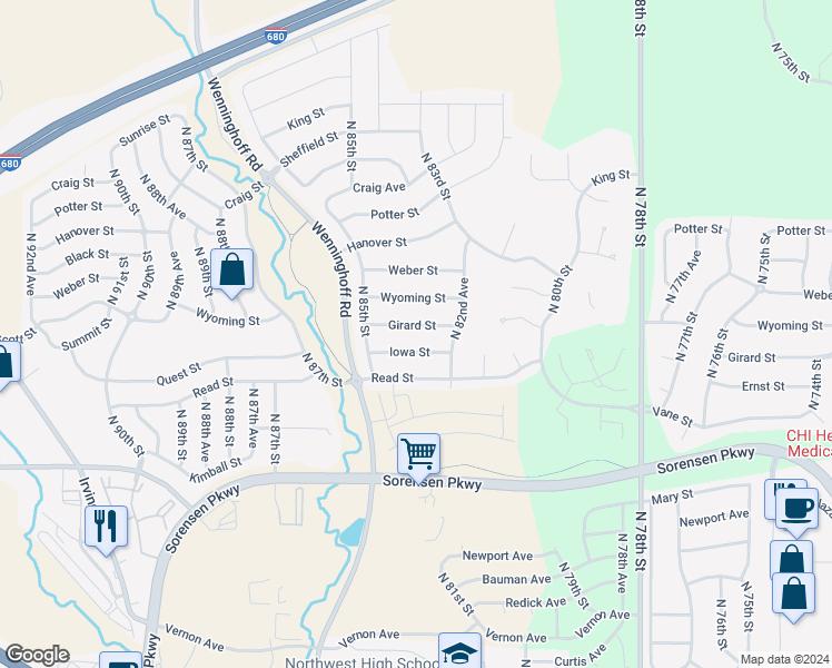 map of restaurants, bars, coffee shops, grocery stores, and more near 8311 Girard Street in Omaha