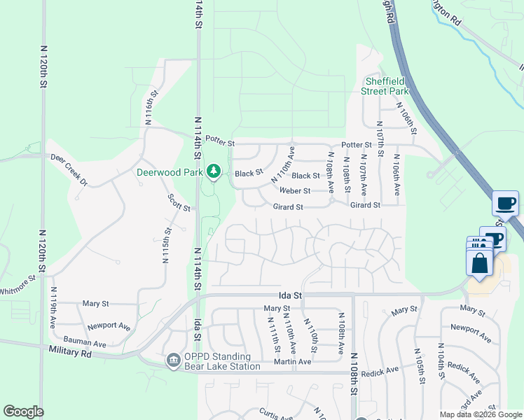 map of restaurants, bars, coffee shops, grocery stores, and more near 11159 Girard Street in Omaha