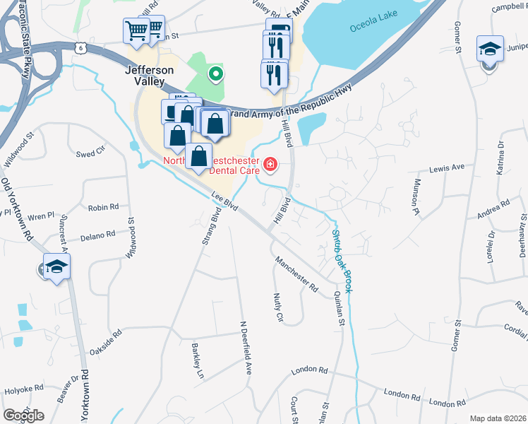 map of restaurants, bars, coffee shops, grocery stores, and more near 504 High Meadow Lane in Yorktown Heights