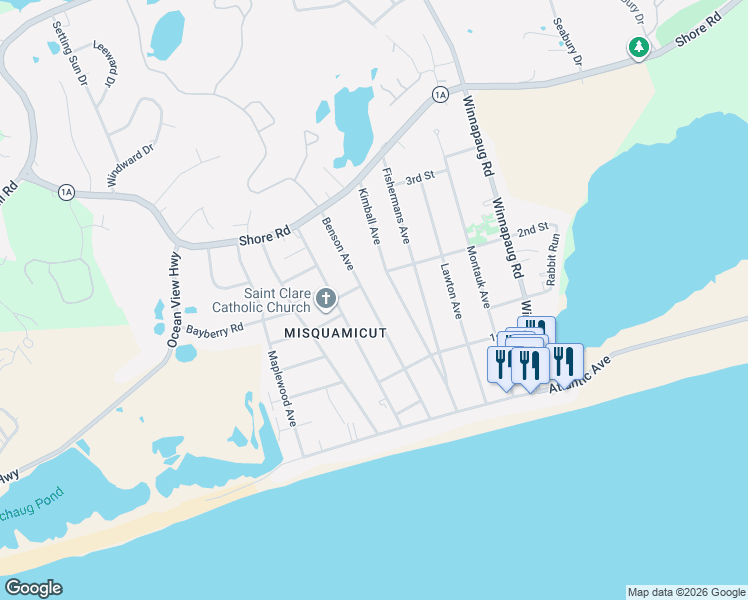 map of restaurants, bars, coffee shops, grocery stores, and more near 59 Benson Ave in Westerly