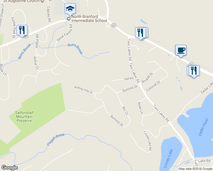 map of restaurants, bars, coffee shops, grocery stores, and more near 60 Summit Drive in North Branford