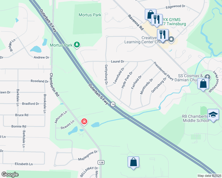 map of restaurants, bars, coffee shops, grocery stores, and more near 9106 Gettysburg Drive in Twinsburg