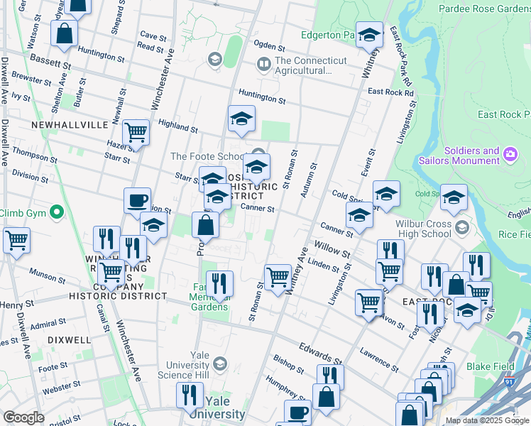 map of restaurants, bars, coffee shops, grocery stores, and more near 320 Canner Street in New Haven