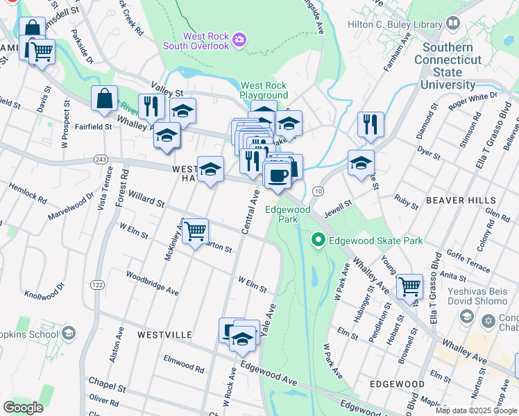 map of restaurants, bars, coffee shops, grocery stores, and more near 591 Central Avenue in New Haven
