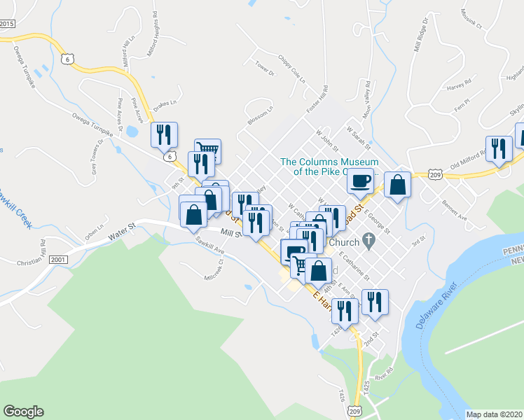 map of restaurants, bars, coffee shops, grocery stores, and more near 301 West Ann Street in Milford