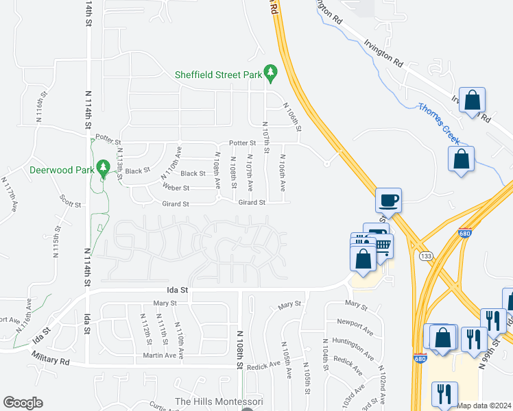 map of restaurants, bars, coffee shops, grocery stores, and more near 10715 Girard Street in Omaha