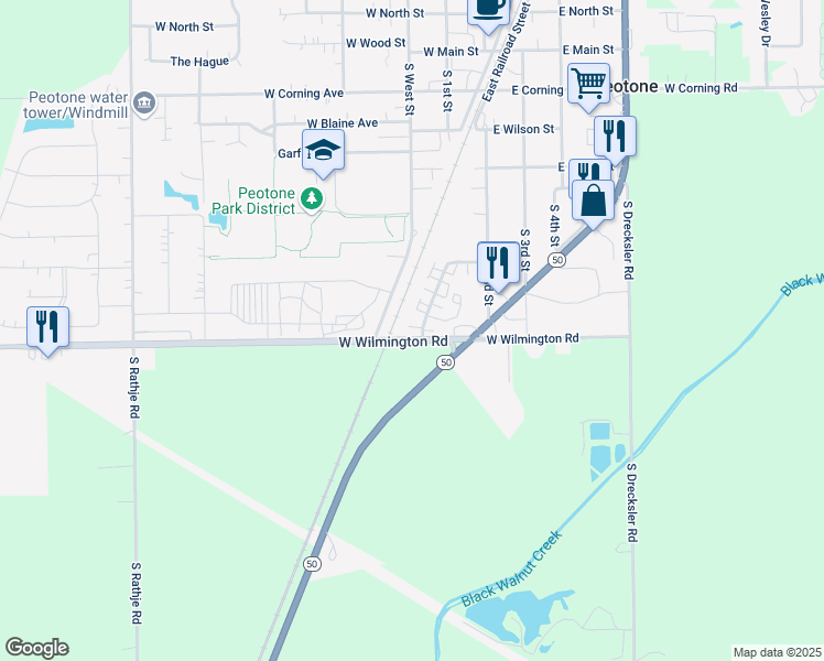 map of restaurants, bars, coffee shops, grocery stores, and more near 536 Schroeder Avenue in Peotone