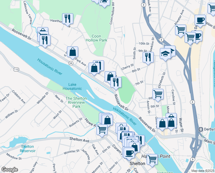 map of restaurants, bars, coffee shops, grocery stores, and more near 243 Roosevelt Drive in Derby