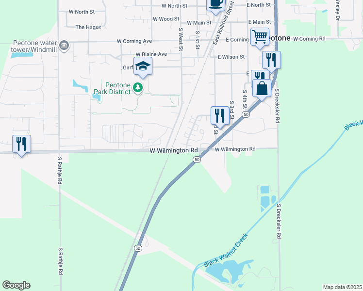 map of restaurants, bars, coffee shops, grocery stores, and more near 536 Schroeder Avenue in Peotone