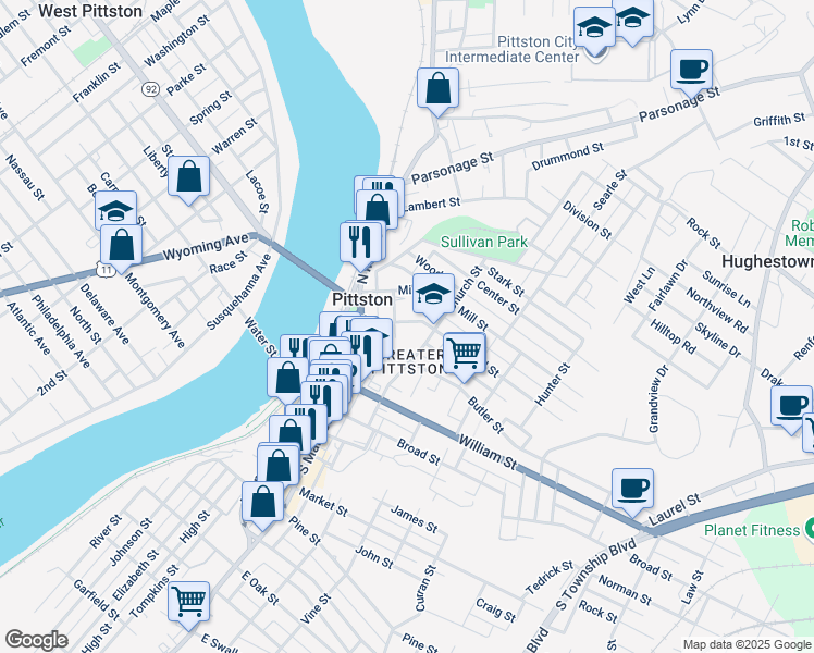 map of restaurants, bars, coffee shops, grocery stores, and more near 15 Carroll Street in Pittston