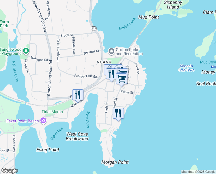 map of restaurants, bars, coffee shops, grocery stores, and more near 18 Sylvan Street in Groton