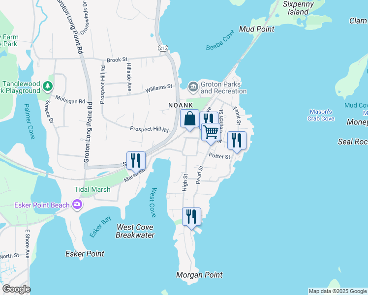 map of restaurants, bars, coffee shops, grocery stores, and more near 20 Terrace Avenue in Groton