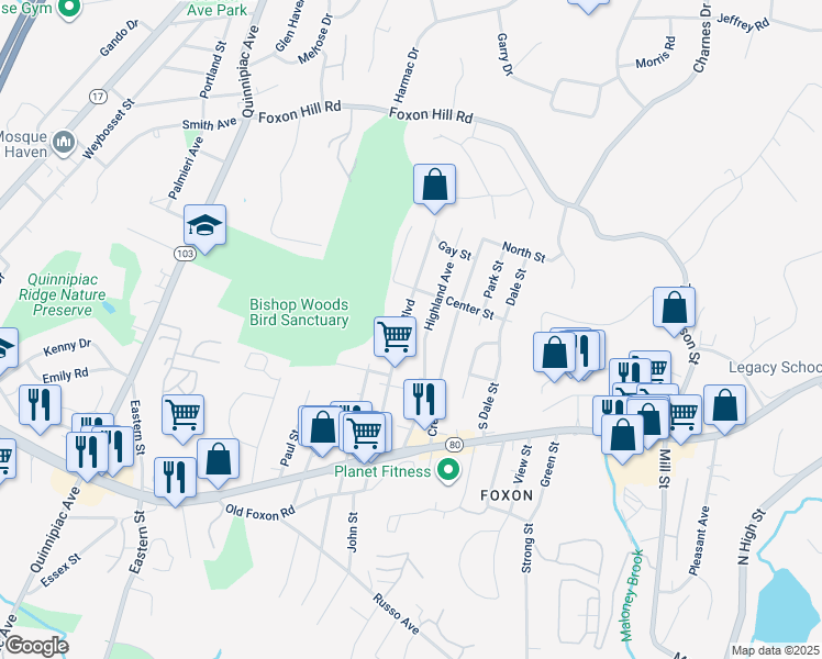 map of restaurants, bars, coffee shops, grocery stores, and more near 96 Highland Avenue in East Haven