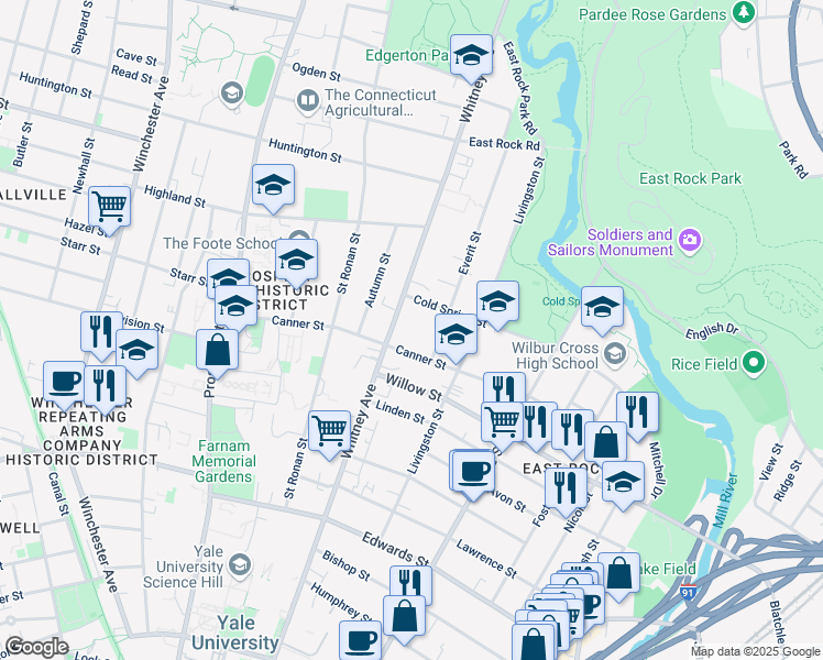 map of restaurants, bars, coffee shops, grocery stores, and more near 22 Everit Street in New Haven