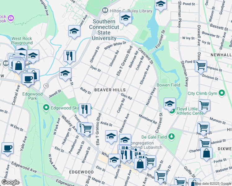 map of restaurants, bars, coffee shops, grocery stores, and more near 170 Bellevue Road in New Haven