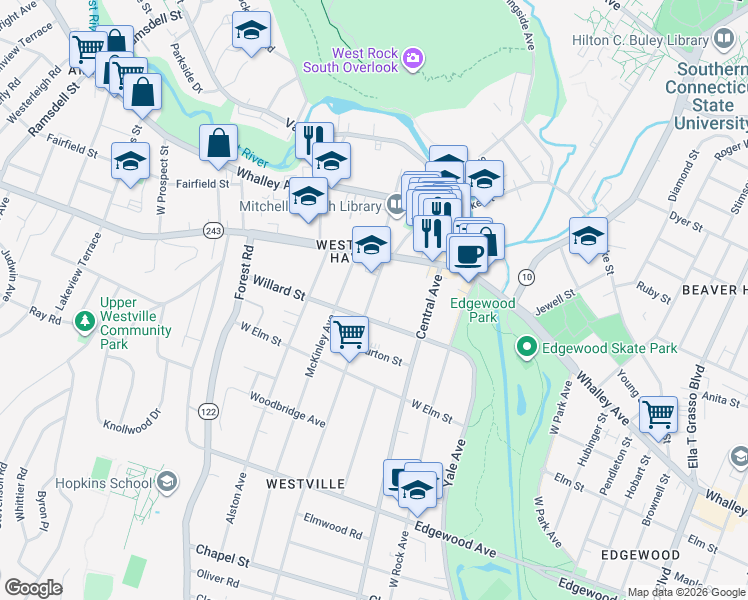 map of restaurants, bars, coffee shops, grocery stores, and more near 339 Alden Avenue in New Haven