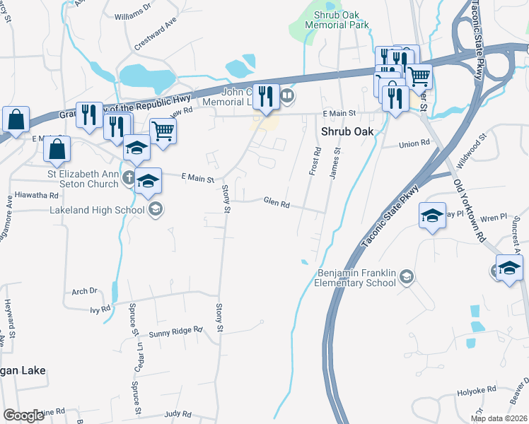map of restaurants, bars, coffee shops, grocery stores, and more near 1127 Glen Road in Shrub Oak
