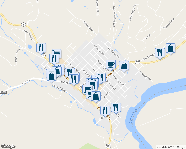 map of restaurants, bars, coffee shops, grocery stores, and more near 409 5th Street in Milford