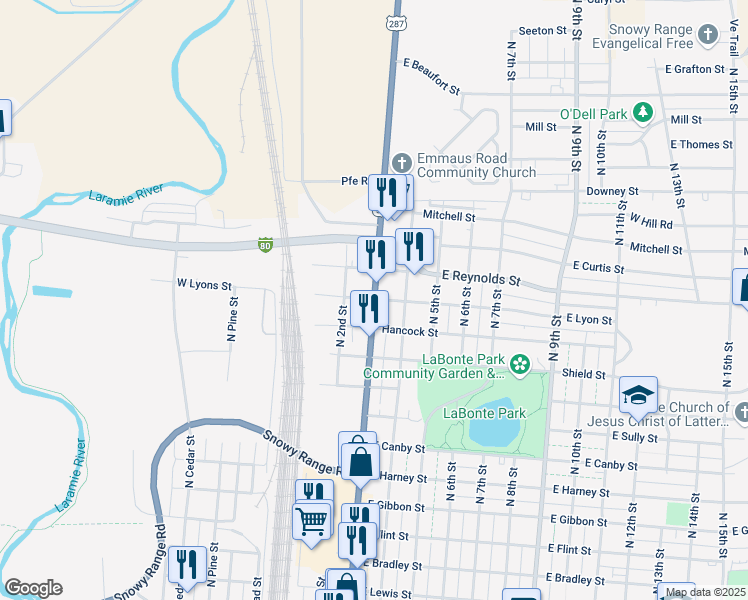 map of restaurants, bars, coffee shops, grocery stores, and more near 298 East Lyons Street in Laramie