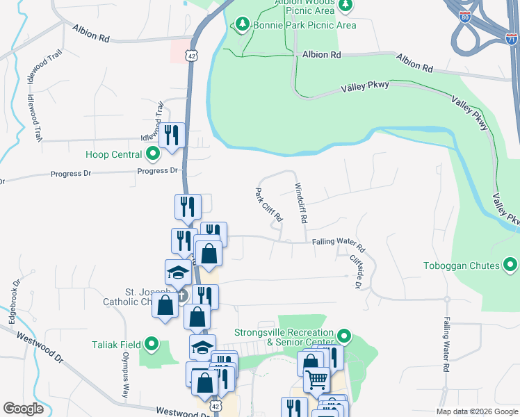 map of restaurants, bars, coffee shops, grocery stores, and more near 12216 Park Cliff Road in Strongsville