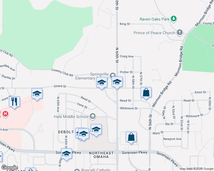 map of restaurants, bars, coffee shops, grocery stores, and more near 6102 Country Club Road in Omaha