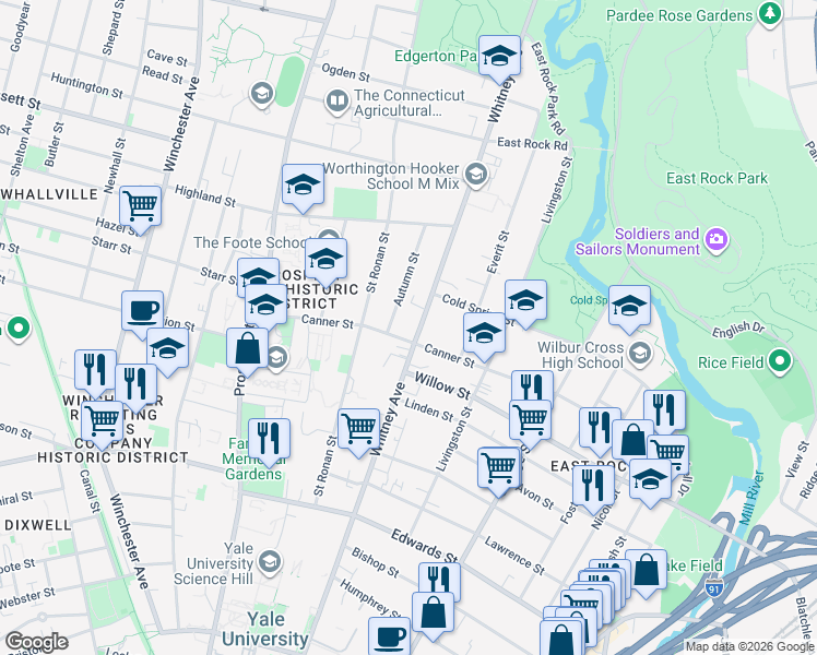 map of restaurants, bars, coffee shops, grocery stores, and more near 524 Whitney Avenue in New Haven