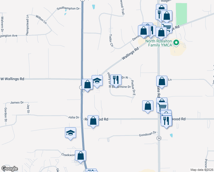 map of restaurants, bars, coffee shops, grocery stores, and more near 12124 Hilary Dr W in North Royalton
