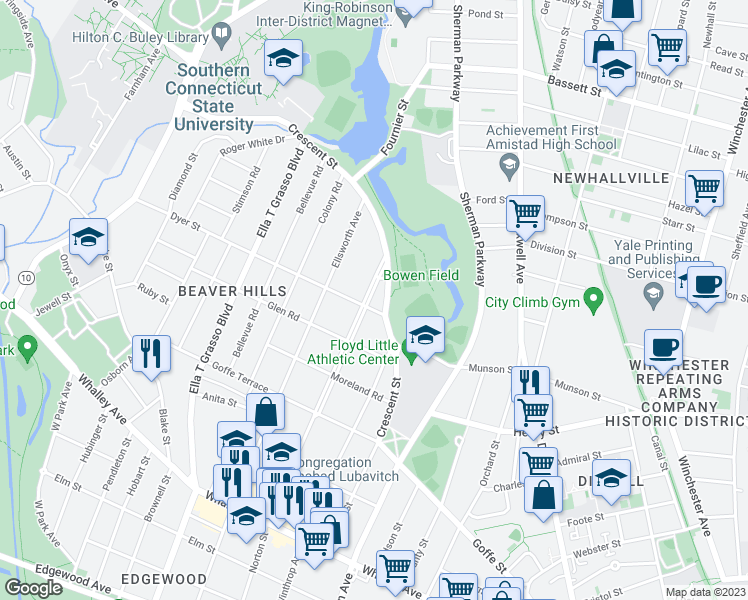 map of restaurants, bars, coffee shops, grocery stores, and more near 509 Norton Parkway in New Haven